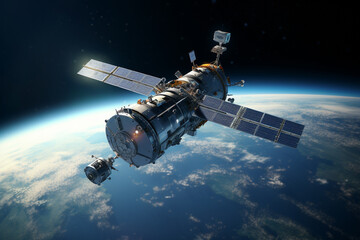 Illustration of a satellite orbiting earth. Generative AI. 