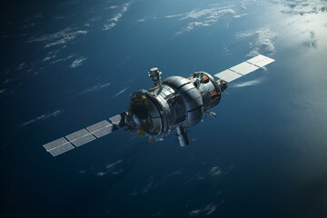 Obraz premium Illustration of a satellite orbiting earth. Generative AI. 