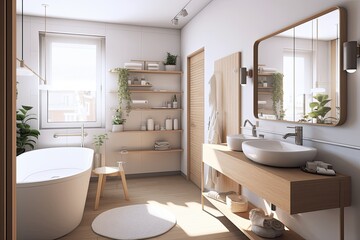 Fototapeta na wymiar modern bathroom with a freestanding tub, floating sink, and large mirror