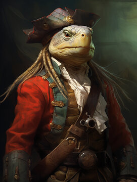 An Oil Painting Portrait of a Turtle Dressed Up as a Pirate | Generative AI
