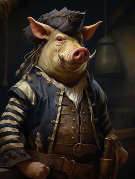 An Oil Painting Portrait of a Warthog Dressed Up as a Pirate | Generative AI