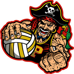 pirate mascot holding volleyball for school, college or league sports