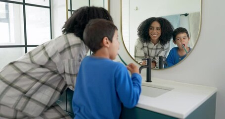 Woman, child and brushing teeth in bathroom with mirror, dental care in home with toothpaste, water and hygiene. Kid, mom and toothbrush, teaching, learning and cleaning mouth morning with reflection