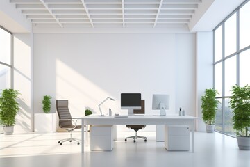 Bright and airy white office space with a mock-up wall. Generative Ai