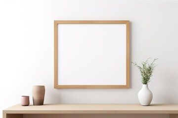 Close-up shot of a mockup frame in a white room featuring natural wood furnishings. Generative Ai
