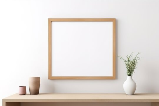 Close-up shot of a mockup frame in a white room featuring natural wood furnishings. Generative Ai © Imam