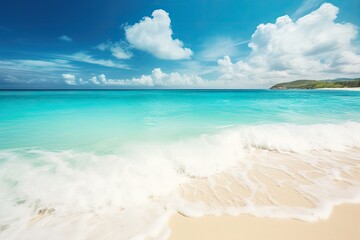 serene tropical beach with crystal-clear waters and blue skies