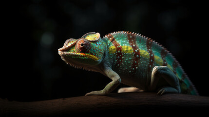 Fototapeta premium chameleon on a black background lizard reptile animal green generative ai