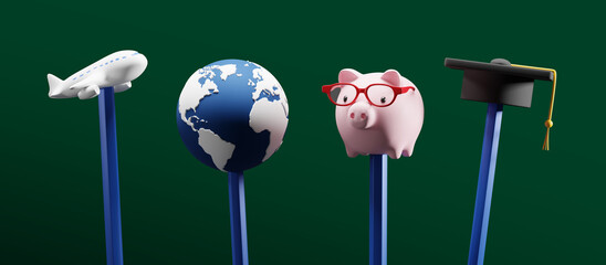 Study abroad concept design of pencil with plane globe piggy bank and graduation cap on green background 3 D render
