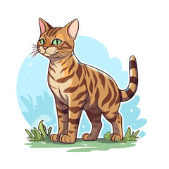 Fototapeta na wymiar Playful cartoon Bengal cat at garden sticker Illustrations in minimalist detailed style