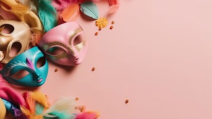 Obraz premium carnival masks, bird feathers and carnival ornaments on pastel background