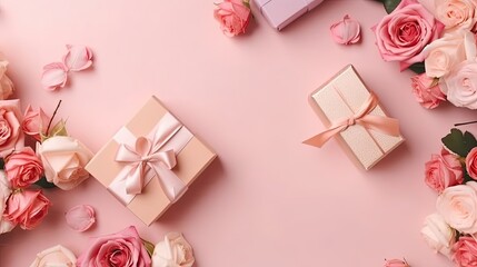 Valentine day background with a collection of Gift box and pink flowers on pink pastel background