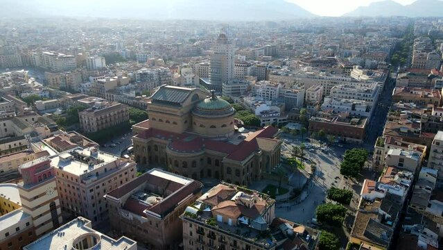 Aerial shot drone orbits to the right around Teatro Massimo in Palermo, Sicily, Italy