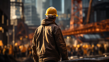 Obraz premium Urban Builders. A worker in a helmet standing in front of construction cranes, in the style of urban cityscapes. Progress and urban development concept. AI Generative