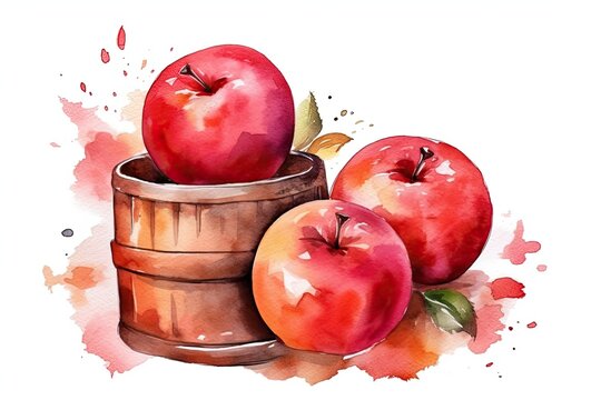 Illustration of three ripe apples in a wooden barrel painted with watercolors