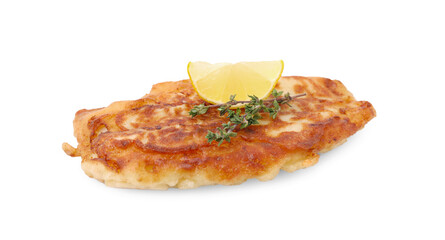 Tasty fish in soda water batter, thyme and lemon slice isolated on white