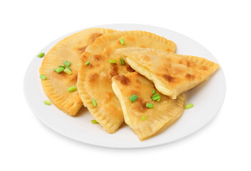Delicious fried chebureki with cheese and green onion on white background