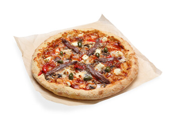 Tasty pizza with anchovies, arugula and olives isolated on white