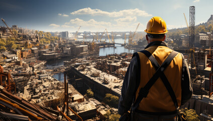 Fototapeta premium Urban Builders. A worker in a helmet standing in front of construction cranes, in the style of urban cityscapes. Progress and urban development concept. AI Generative