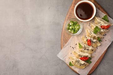Delicious gyoza (asian dumplings) served on gray table, top view. Space for text