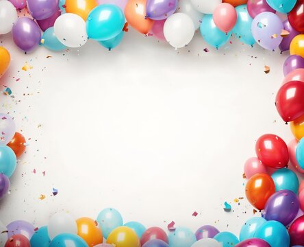 Colorful balloons with a white background like  a frame, negative space, image for happy birthday or other celebrations, generative ai