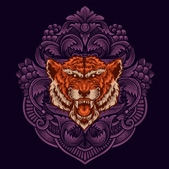 Naklejka premium Tiger head with vintage engraving ornament