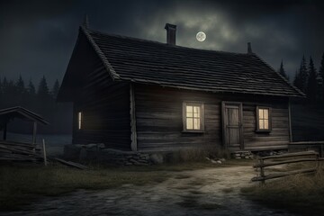 secluded cabin in the woods under the light of a full moon. Generative AI