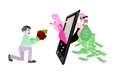 Online dating fraud concept.Thief girl promotes herself through social media programs, deceiving young people to love and willing to give them property. Cyber scam. Lovers mobile chat. Fake romance.