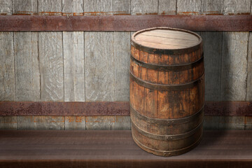 One wooden barrel on shelf near textured wall. Space for text