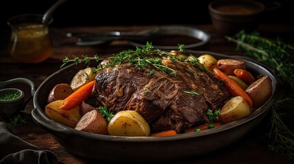 Closeup of pot roast full of vegetables on a bowl with blurred background