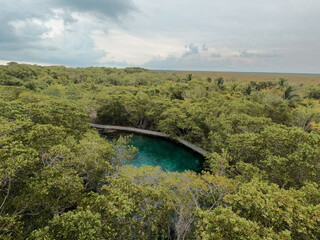 Aerial view of Cenote Yalahau in Holbox peninsula of Yucatan