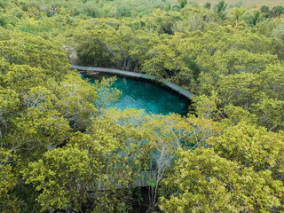 Aerial view of Cenote Yalahau in Holbox peninsula of Yucatan