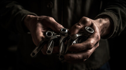 close up of a craftsman holding different open-end wrenches in his hands. Generative AI