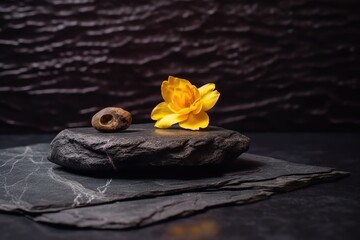 Fototapeta na wymiar snail and a yellow flower on a rocky terrain