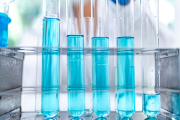 Chemical laboratory research with scientific tube and flask glassware equipment, science medicine liquid experiment test on Chemistry, Biotechnology, or Biology for business medicals development