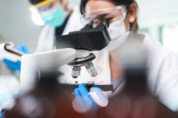 Scientific microscope data analysis in the laboratory, medicine equipment research setting in lab for chemistry work, scope lens for science microbiology and technology for medical study development