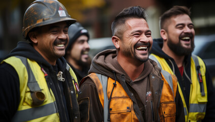 Fototapeta premium Building with a Smile: Construction Crew in Suits Grinning as They Contribute to Progress. Pride in Progress: Construction Workers Smiling Confidently in Their Suits on the Job Site.