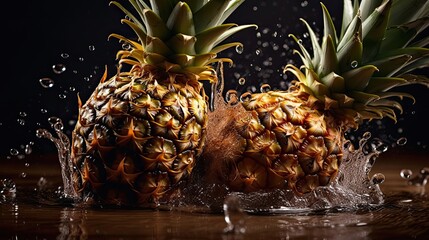 Fresh Pineapple hit by splashes of water with black blur background