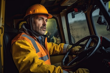 Male operator driving heavy equipment on construction building site, wearing artificial safety helmet