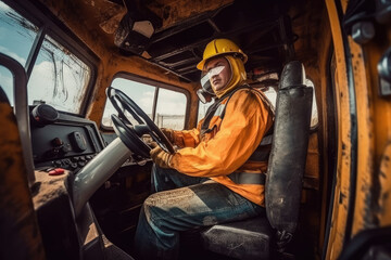Fototapeta na wymiar Male operator driving heavy equipment on construction building site, wearing artificial safety helmet