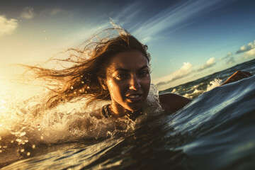 Beautiful fit surf girl swimming with longboard surfboard board in the ocean