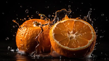 Fototapeta na wymiar Closeup of sliced orange fruit hit by splashes of water with black blur background