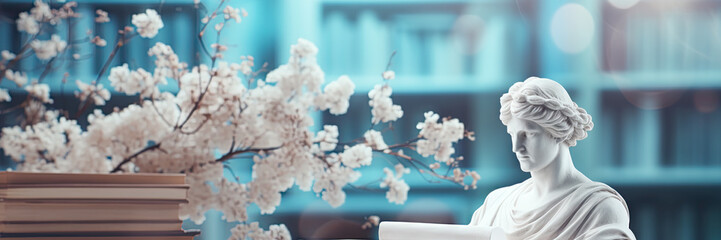 A marble statue in university, education concept poster with copy space - Fictional Person, Generative AI