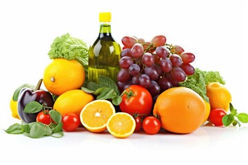 colorful assortment of fresh fruits and vegetables paired with a bottle of wine