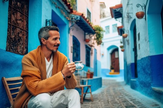 A man drinks tea sitting in the blue streets of a Moroccan village during a trip. Ai generated.