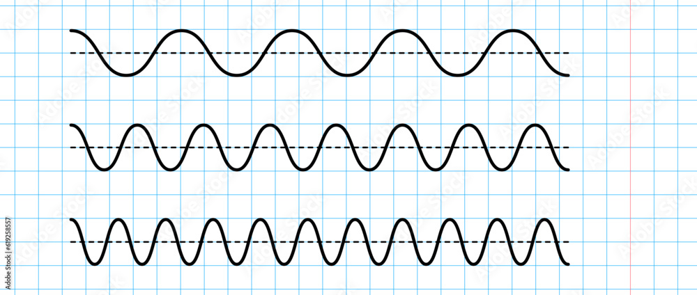Poster Sinusoid signals set on blue grid paper. Black curve sound wave on checkered paper. Voice or music audio concept. Pulsating line in school notebook. Sine electronic radio graphics bundle. Vector