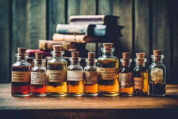 Glass bottles filled with herbal essences bring natural healing in alternative medicine. AI Generated
