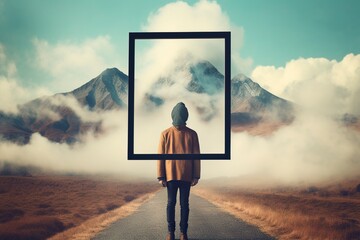 Introspective travel concept, a man holds a frame standing on a road between clouds. Ai generated.