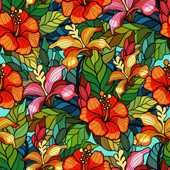Seamless floral pattern with hibiscus flowers and leaves in stained glass style vector illustration 