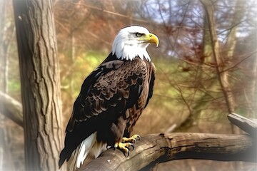 majestic bald eagle perched on a tree branch. Generative AI